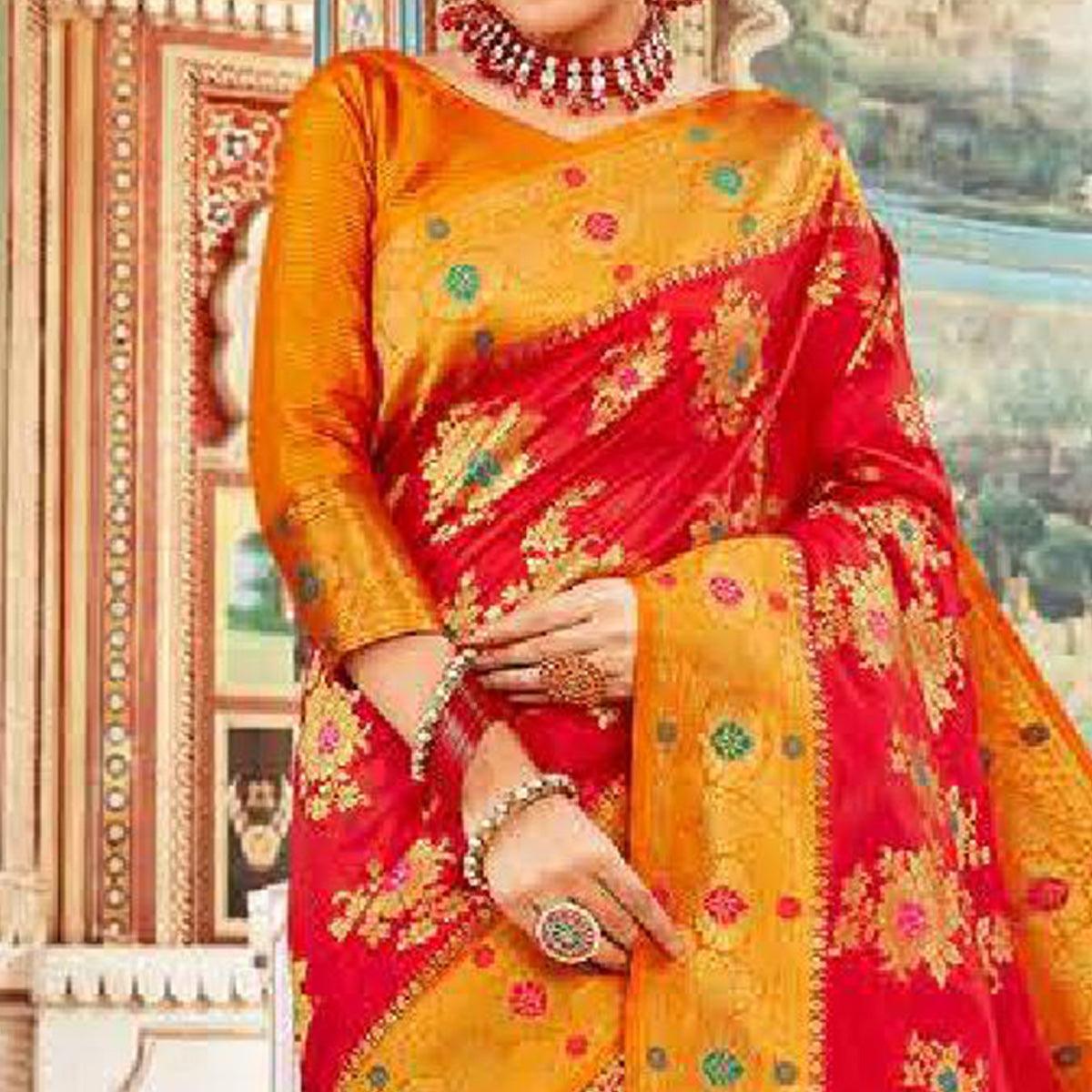 Magnetic Red Colored Festive Wear Woven Art Silk Saree