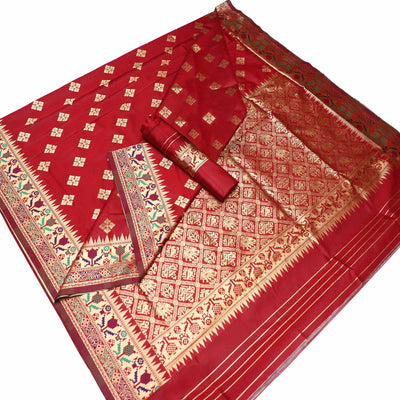 Magnetic Red Colored Festive Wear Woven Banarasi Silk Saree