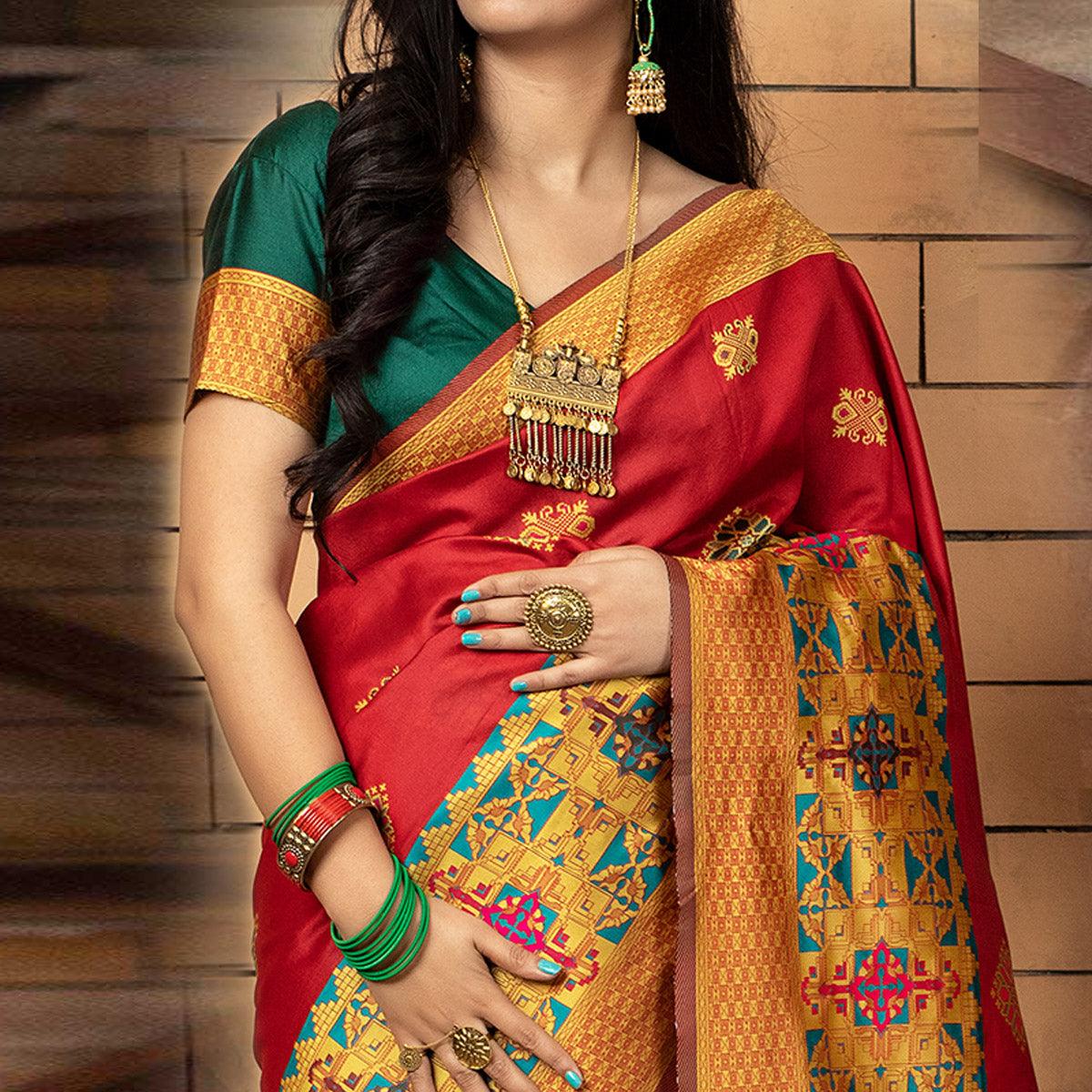 Magnetic Red Colored Festive Wear Woven Banarasi Silk Saree