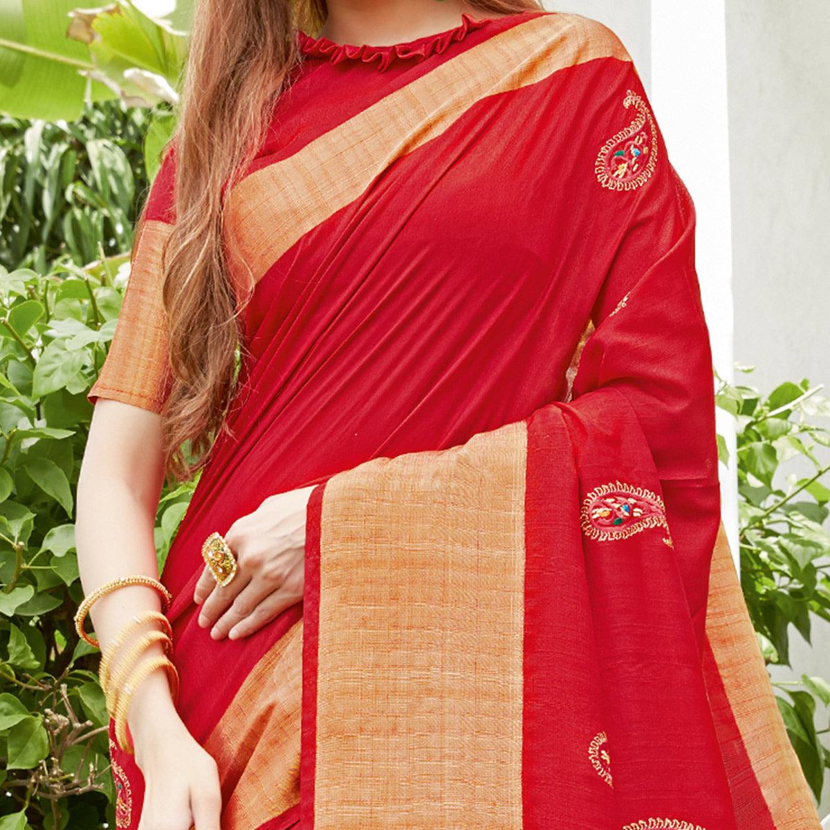 Magnetic Red Colored Festive Wear Woven Handloom Silk Saree