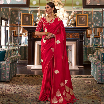 Magnetic Red Colored Festive Wear Woven Pure Satin Silk Saree