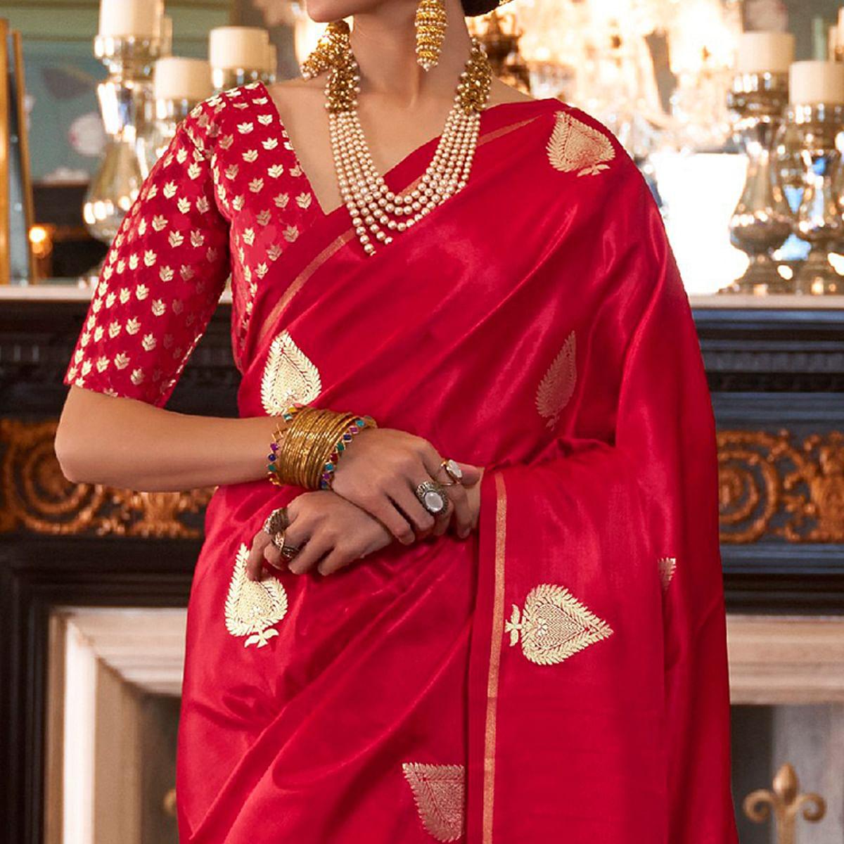 Magnetic Red Colored Festive Wear Woven Pure Satin Silk Saree