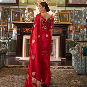 Magnetic Red Colored Festive Wear Woven Pure Satin Silk Saree