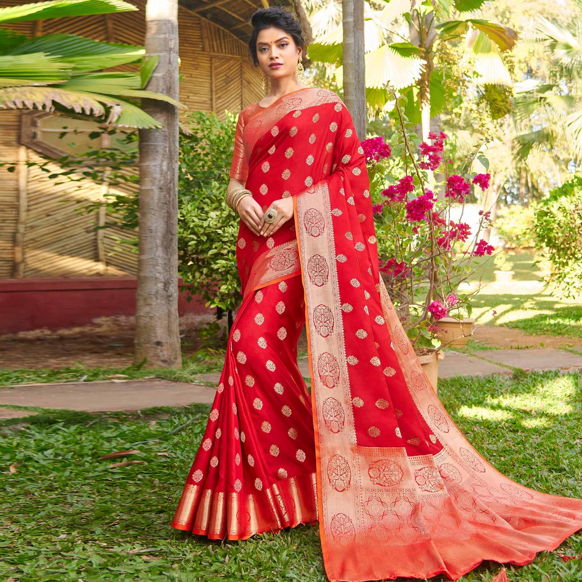 Magnetic Red Colored Festive Wear Woven Silk Saree