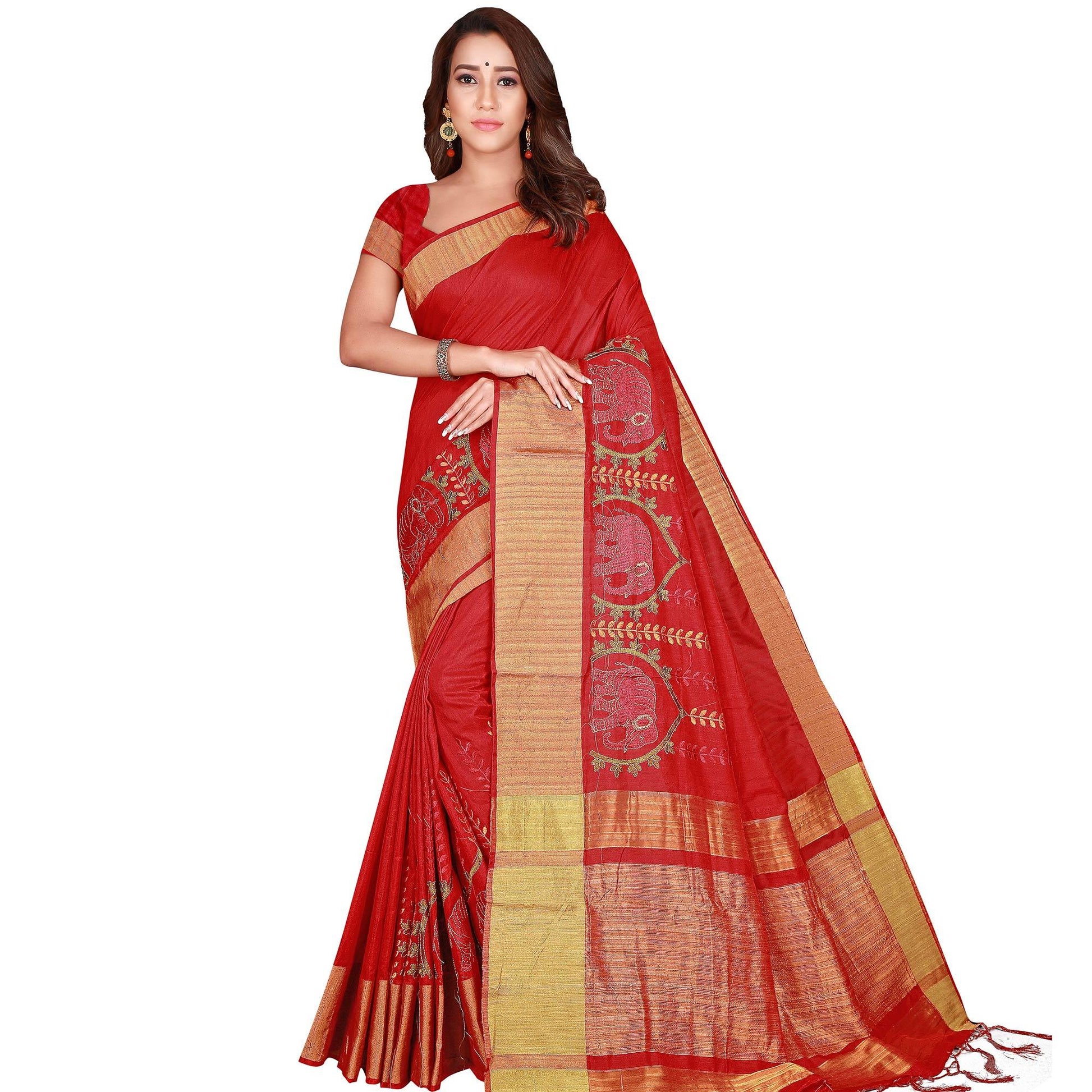 Magnetic Red Colored Festive Wear Woven Silk Saree