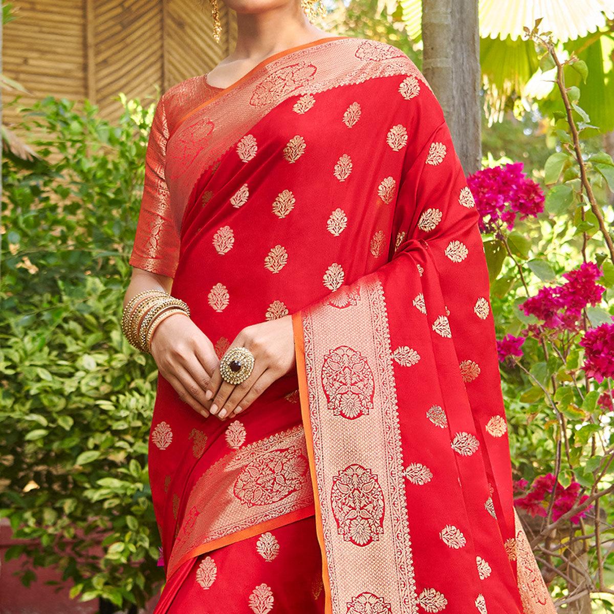 Magnetic Red Colored Festive Wear Woven Silk Saree