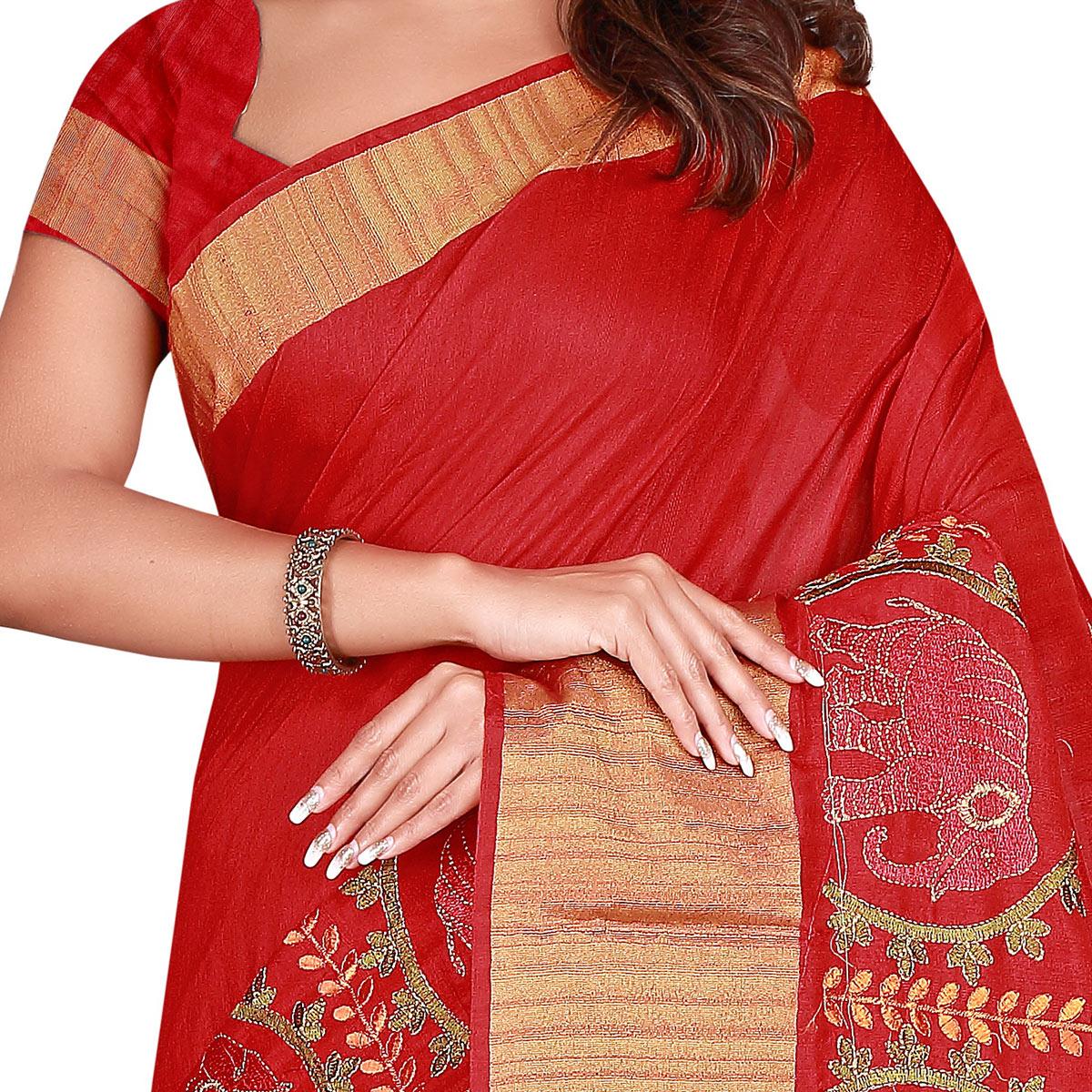 Magnetic Red Colored Festive Wear Woven Silk Saree