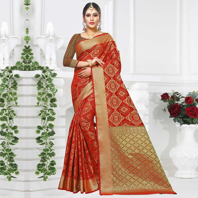 Magnetic Red Colored Festive Wear Woven Silk Saree