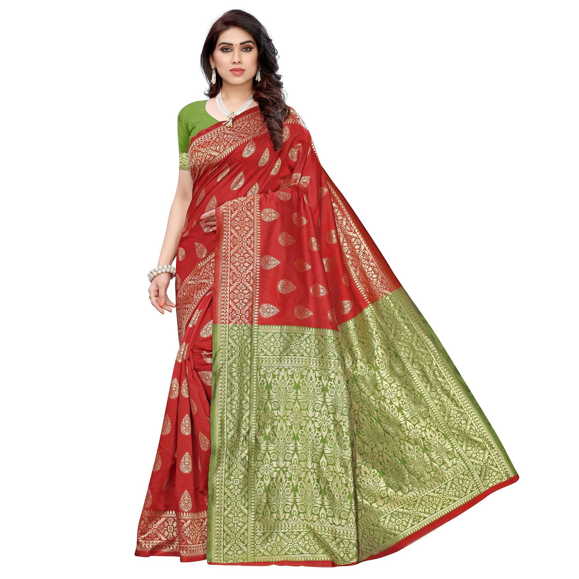 Magnetic Red - Green Colored Festive Wear Woven Jacquard Saree