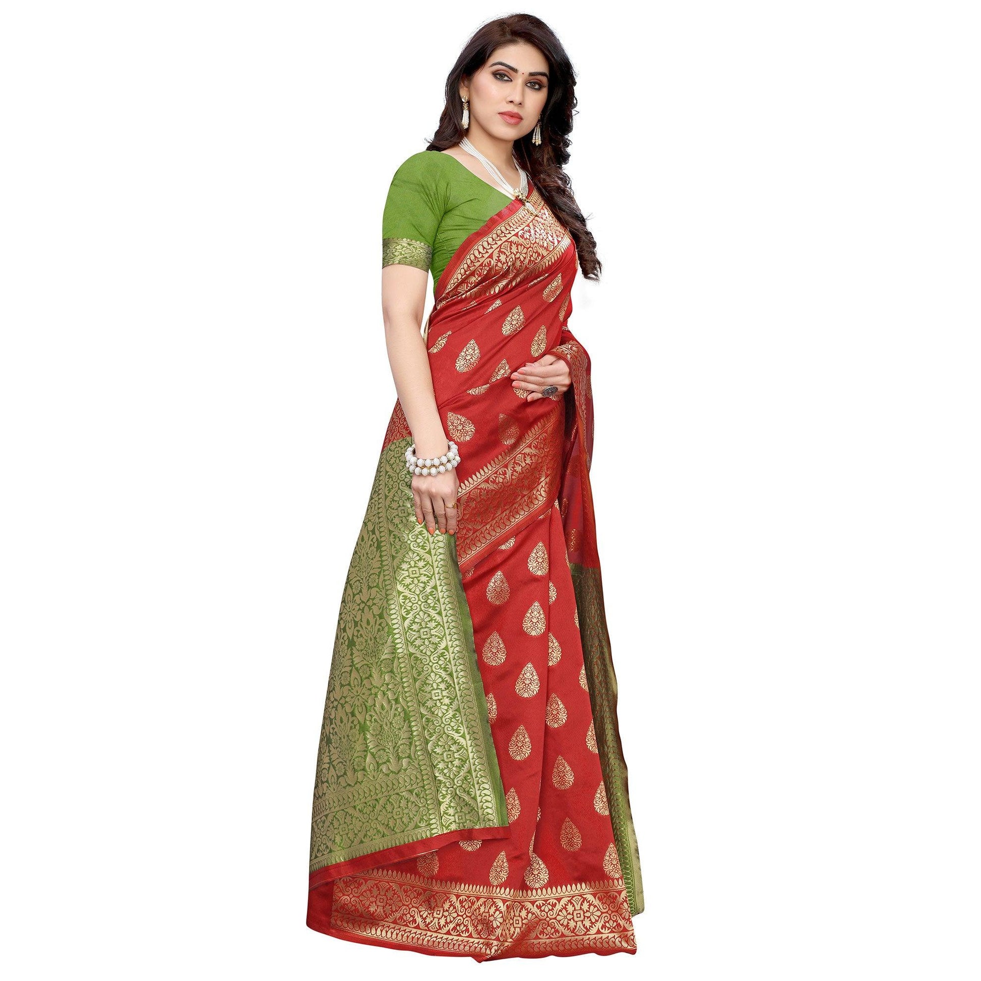 Magnetic Red - Green Colored Festive Wear Woven Jacquard Saree