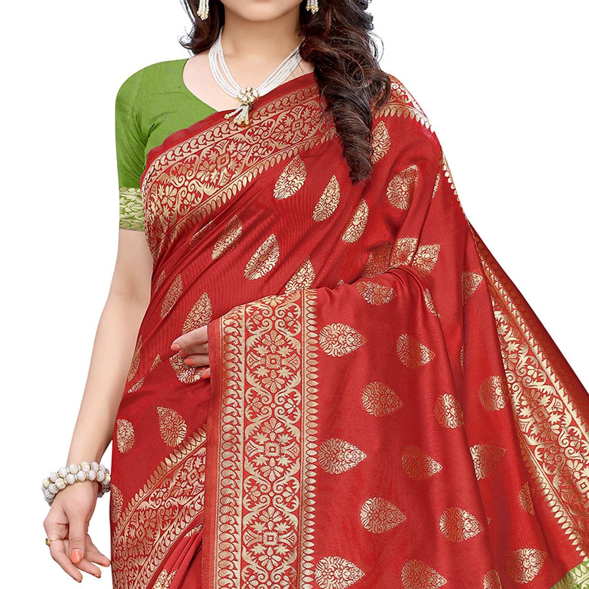 Magnetic Red - Green Colored Festive Wear Woven Jacquard Saree