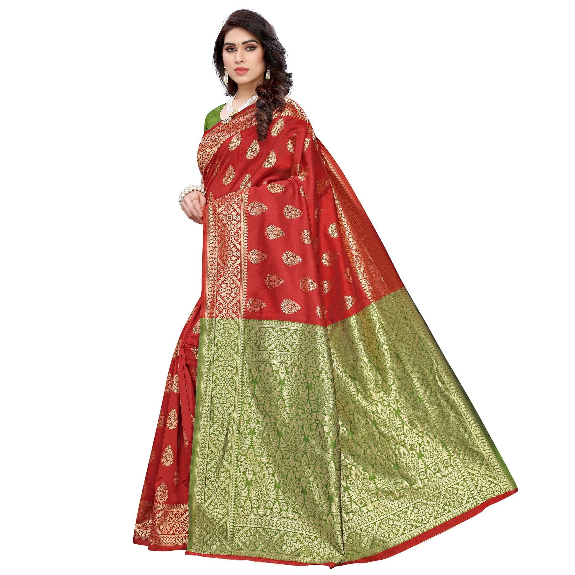 Magnetic Red - Green Colored Festive Wear Woven Jacquard Saree