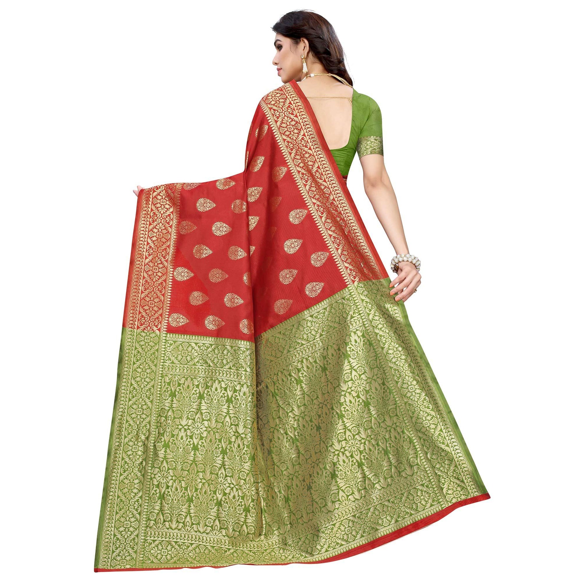 Magnetic Red - Green Colored Festive Wear Woven Jacquard Saree
