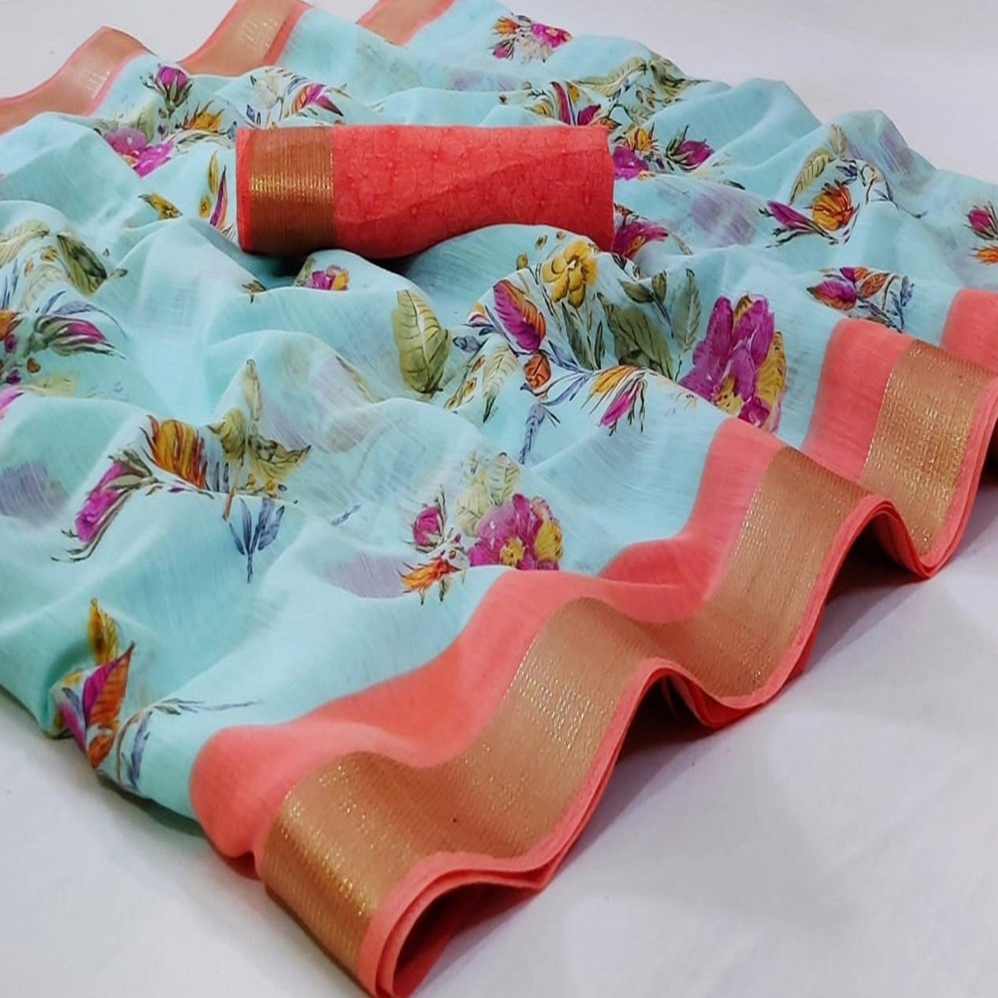 Magnetic Sky Blue Colored Casual Wear Printed Linen Saree