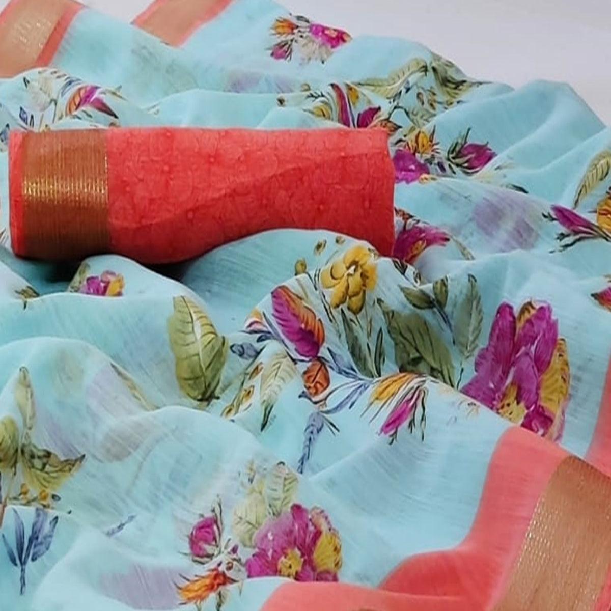 Magnetic Sky Blue Colored Casual Wear Printed Linen Saree