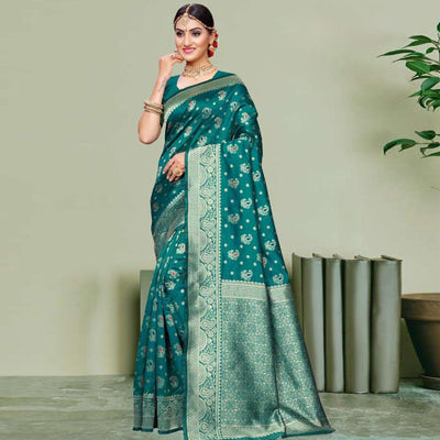 Magnetic Turquoise Green Colored Festive Wear Woven Art Silk Saree