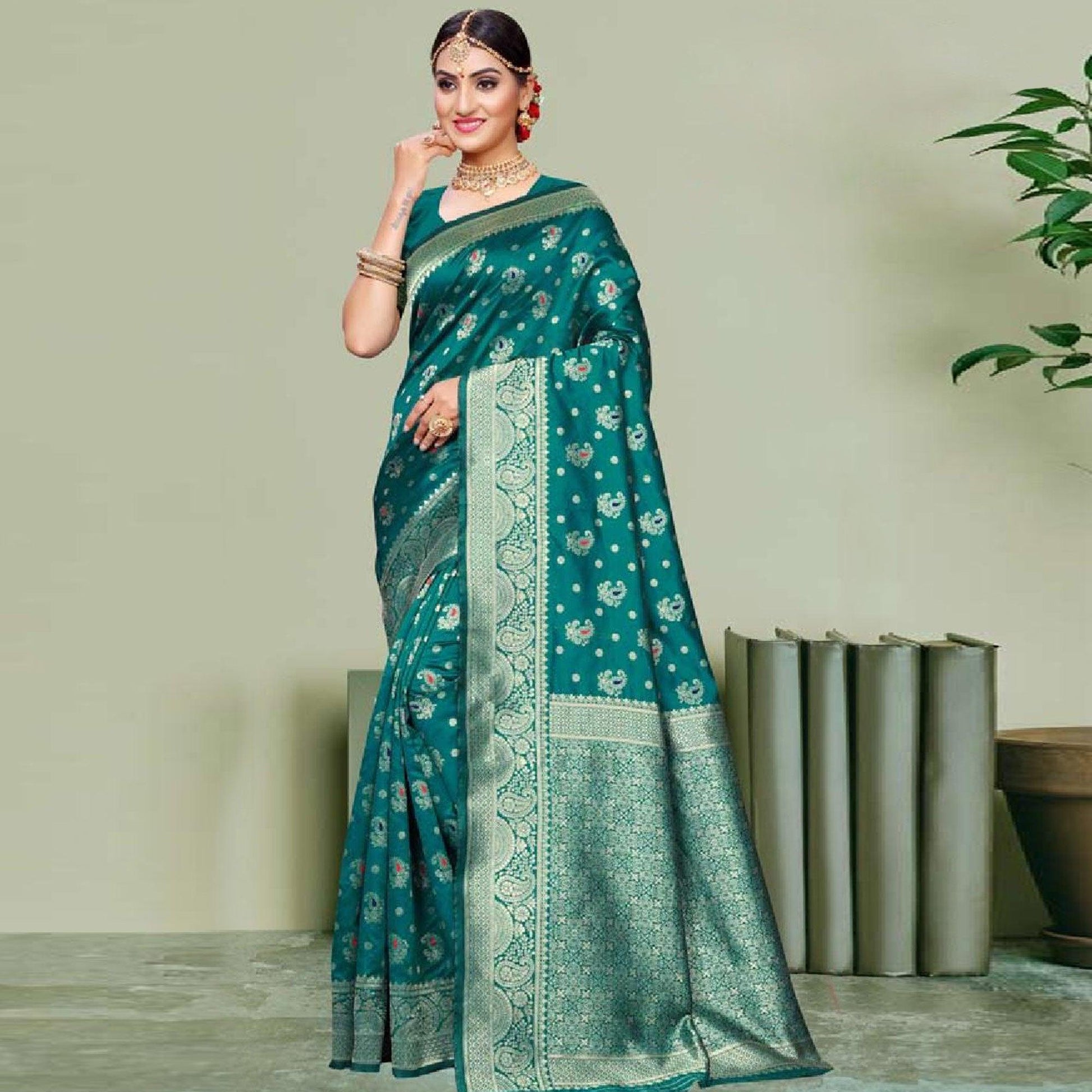 Magnetic Turquoise Green Colored Festive Wear Woven Art Silk Saree