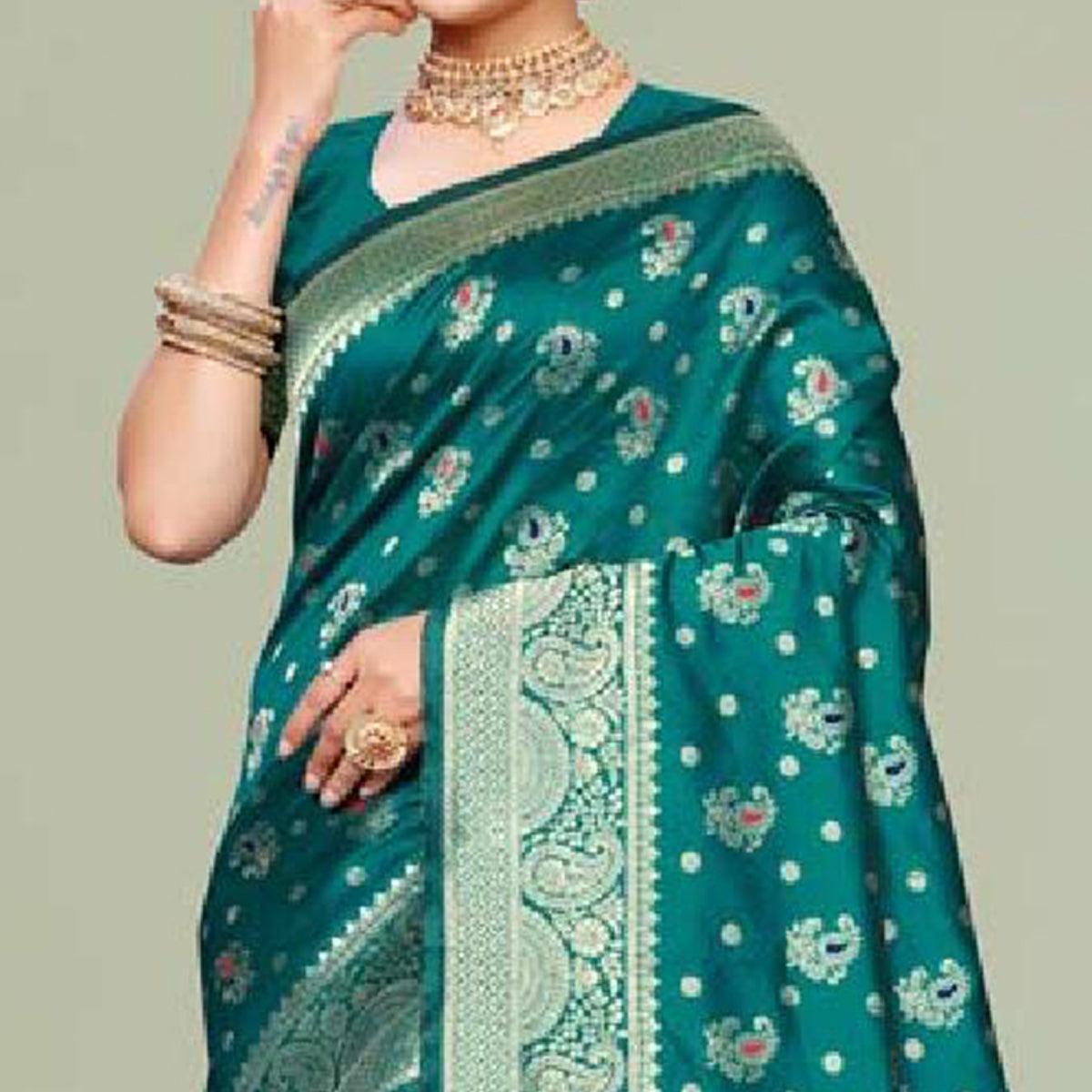 Magnetic Turquoise Green Colored Festive Wear Woven Art Silk Saree