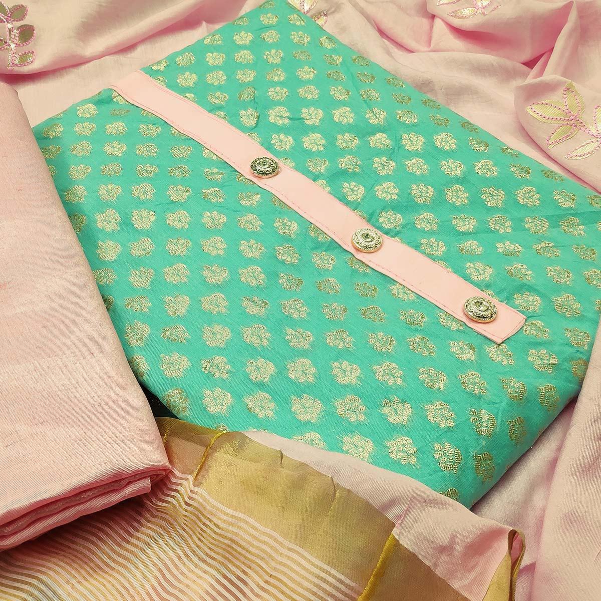 Magnetic Turquoise Green Colored Festive Wear Woven Heavy Banarasi Silk Dress Material