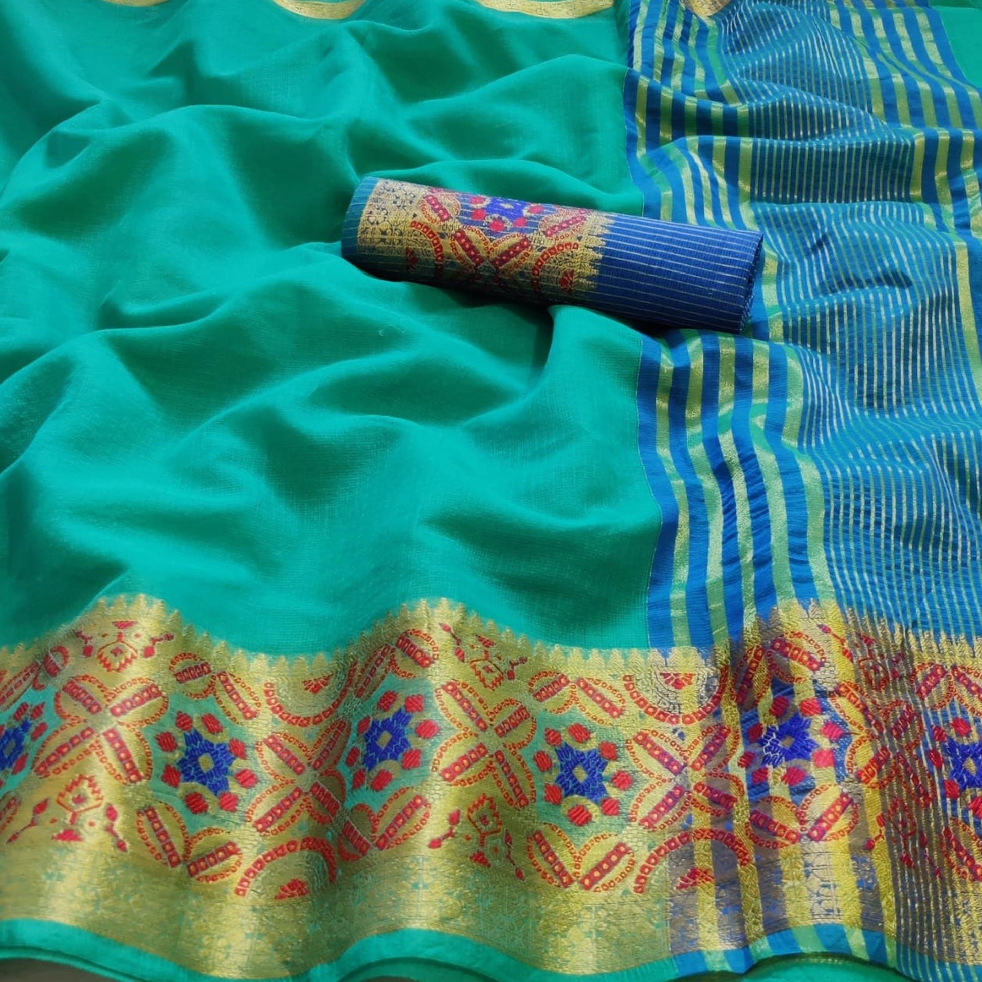 Magnetic Turquoise Green Colored Festive Wear Woven Silk Saree