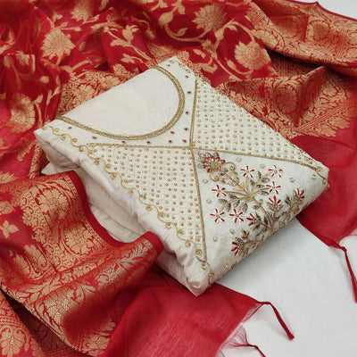Magnetic White Colored Festive Wear Embroidered Modal Chanderi Dress Material