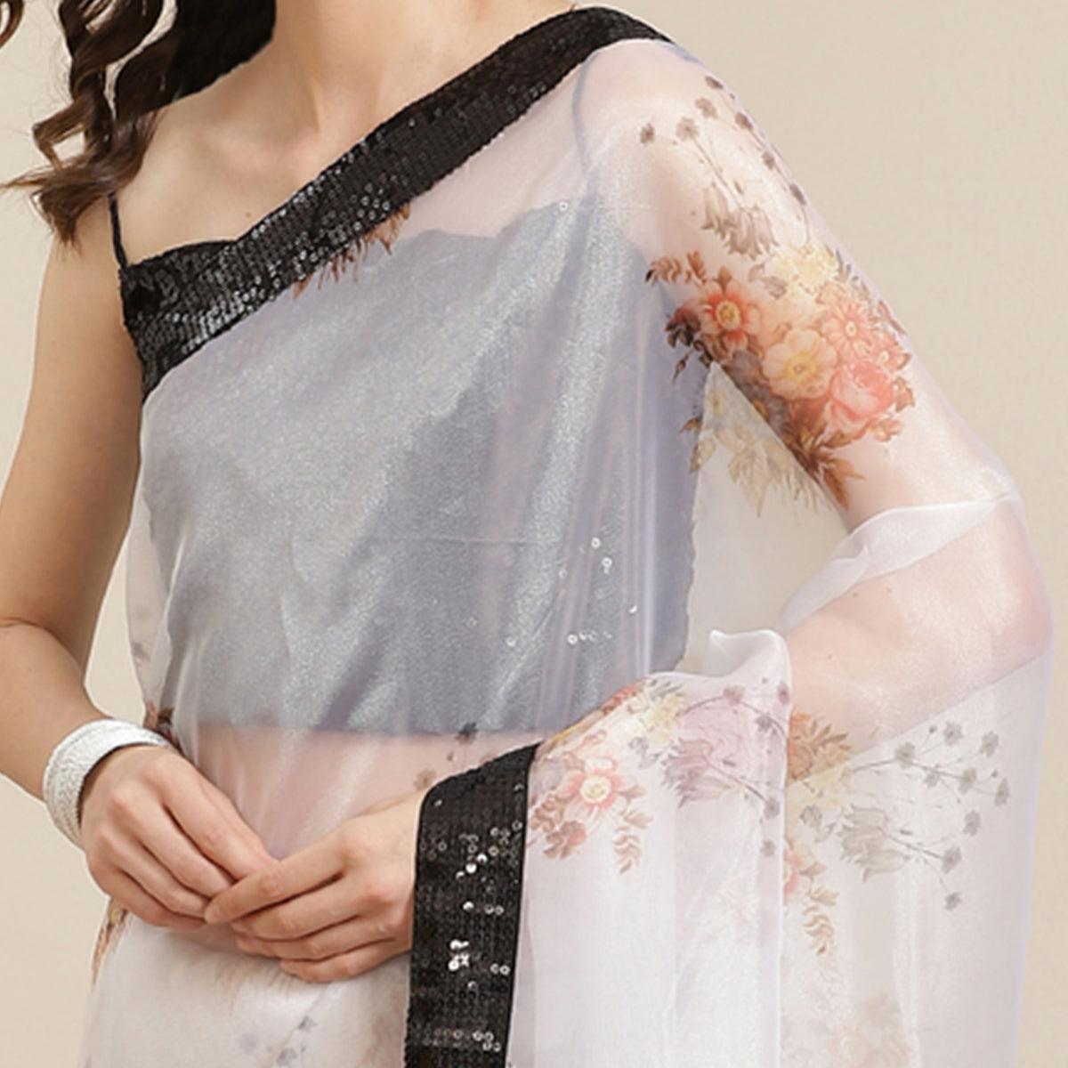 Magnetic White Coloured Partywear Floral Printed Sequins Organza Saree