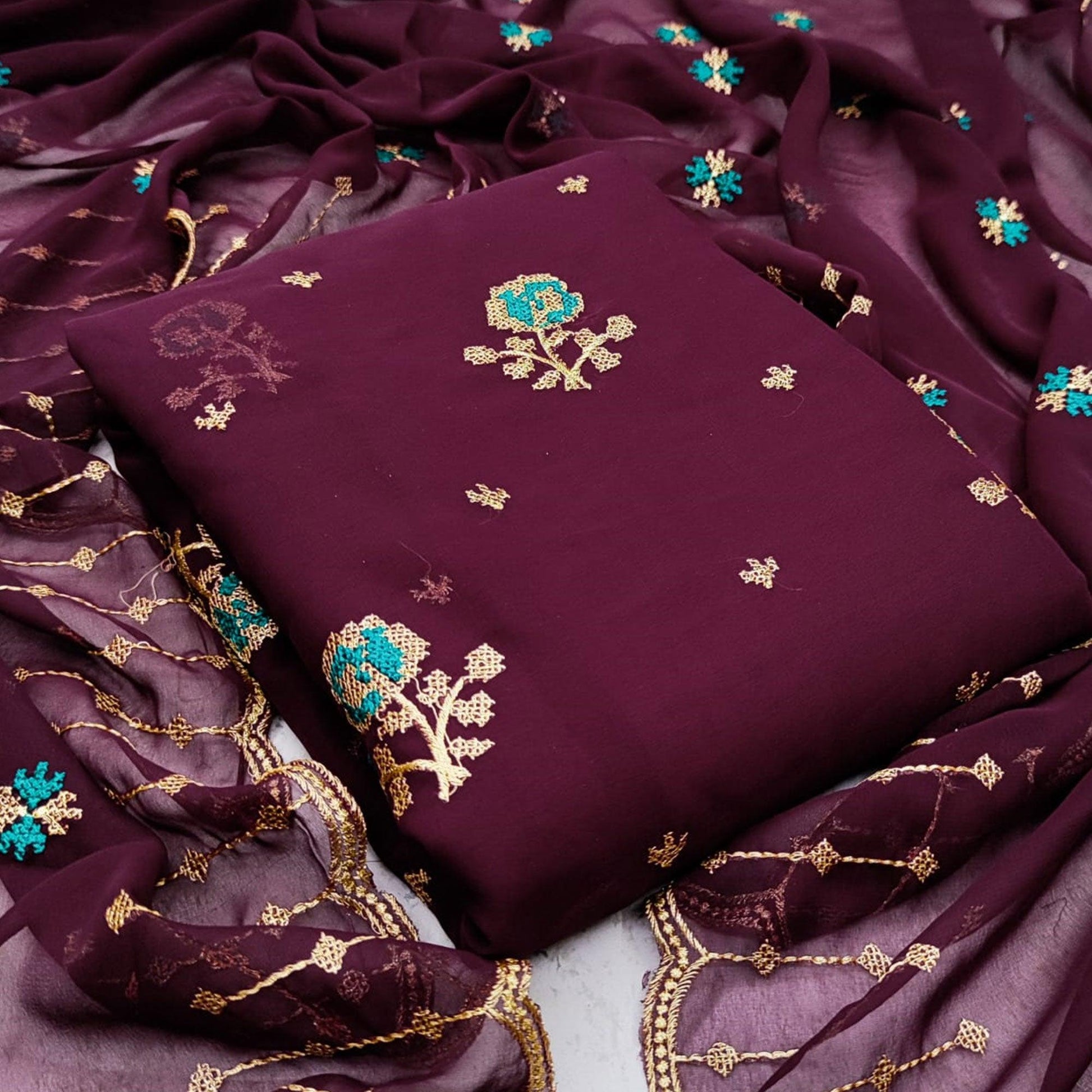 Magnetic Wine Colored Casual Wear Embroidered Georgette Dress Material