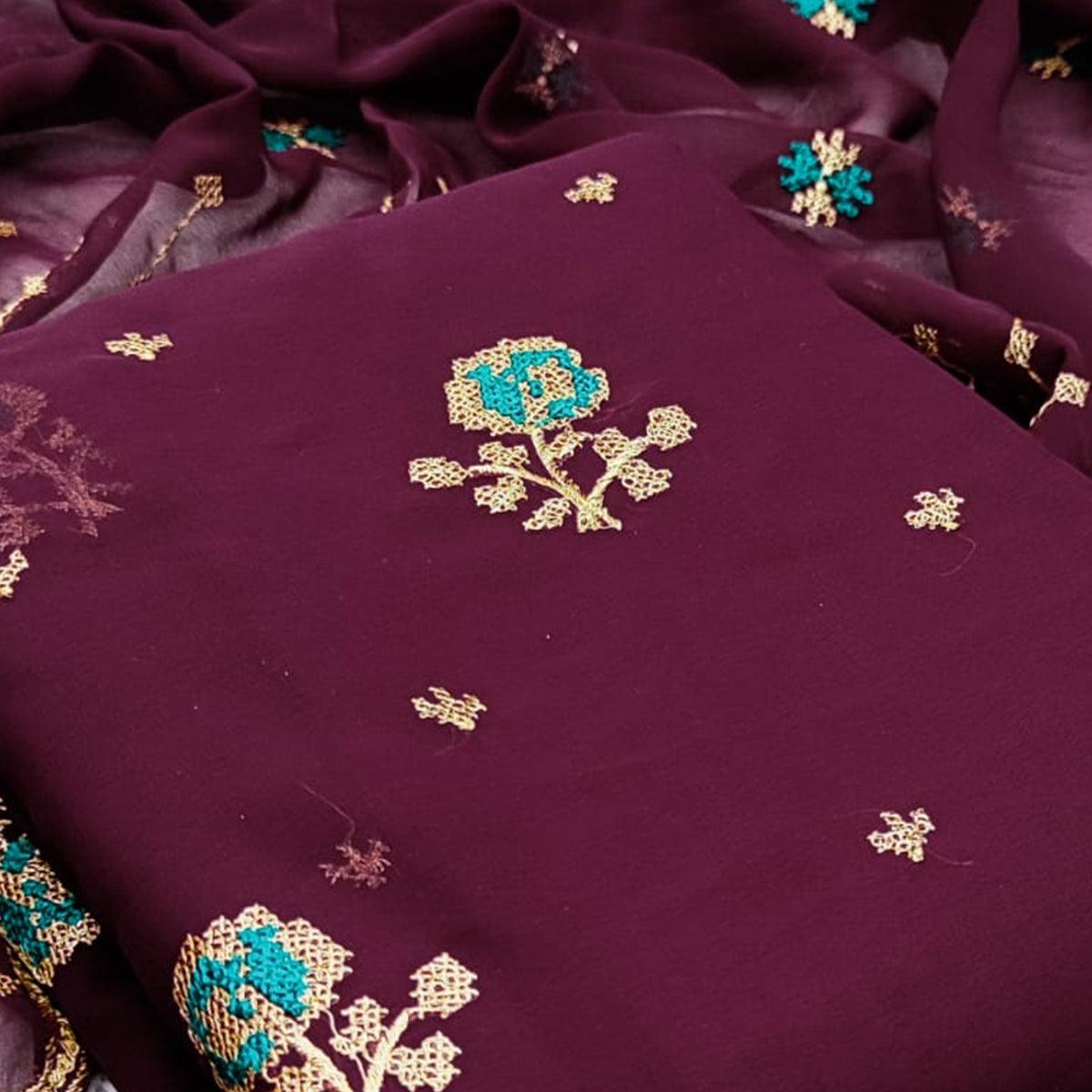 Magnetic Wine Colored Casual Wear Embroidered Georgette Dress Material