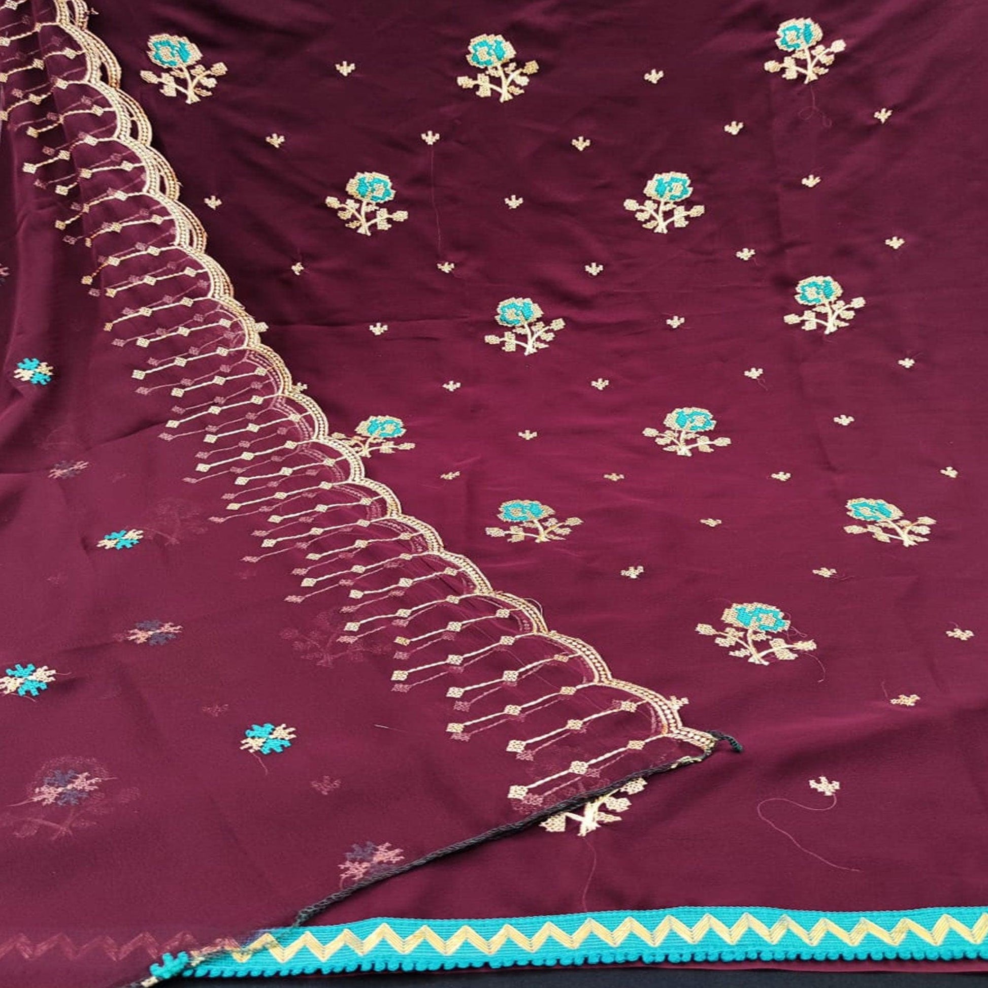 Magnetic Wine Colored Casual Wear Embroidered Georgette Dress Material
