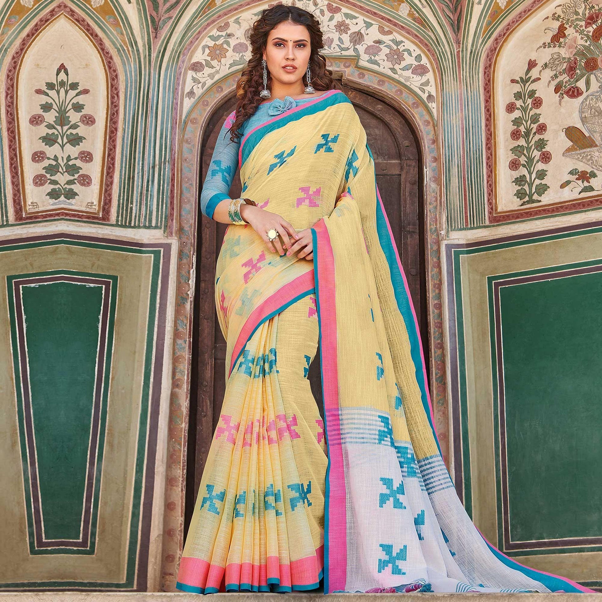 Magnetic Yellow Colored Casual Printed Linen Cotton Saree With Tassels