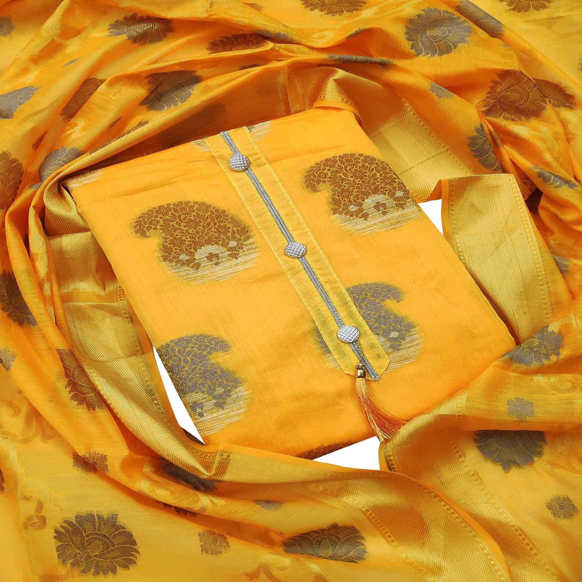 Magnetic Yellow Colored Festive Wear Woven Heavy Banarasi Silk Dress Material