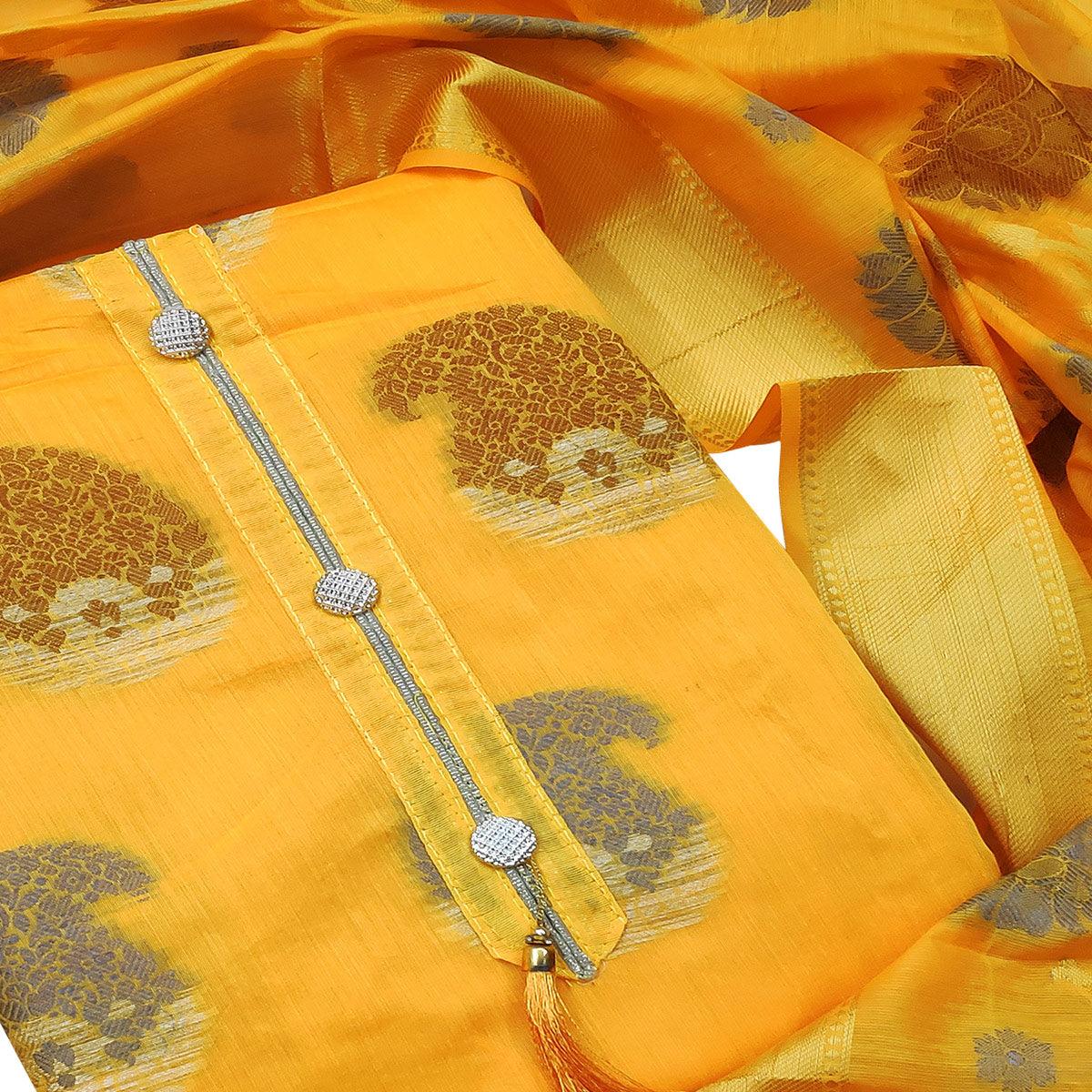 Magnetic Yellow Colored Festive Wear Woven Heavy Banarasi Silk Dress Material