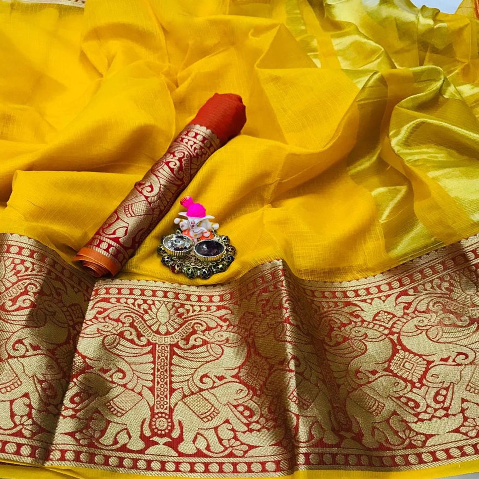 Magnetic Yellow Colored Festive Wear Woven Heavy Cotton Saree
