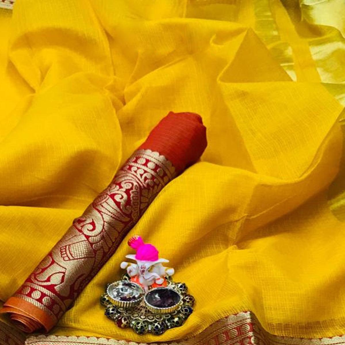 Magnetic Yellow Colored Festive Wear Woven Heavy Cotton Saree