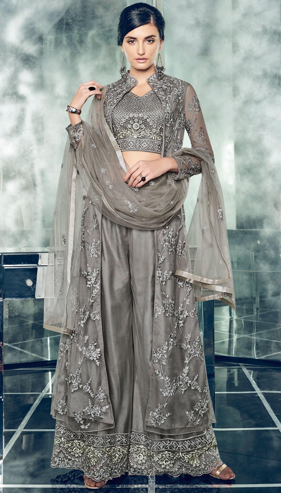 Majestic Gray Colored Partywear Designer Embroidered Net Anarkali Suit