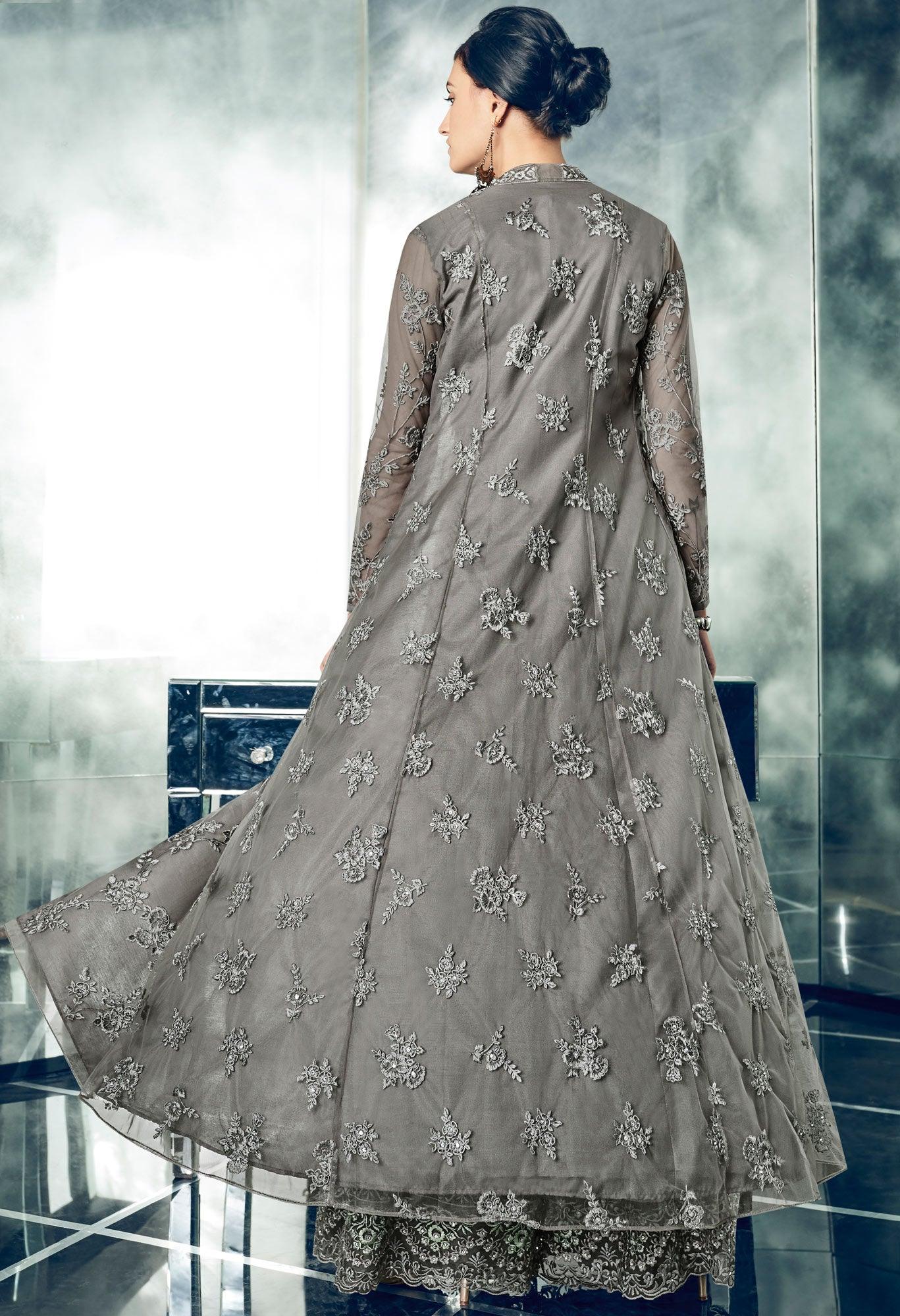 Majestic Gray Colored Partywear Designer Embroidered Net Anarkali Suit