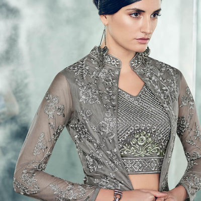 Majestic Gray Colored Partywear Designer Embroidered Net Anarkali Suit