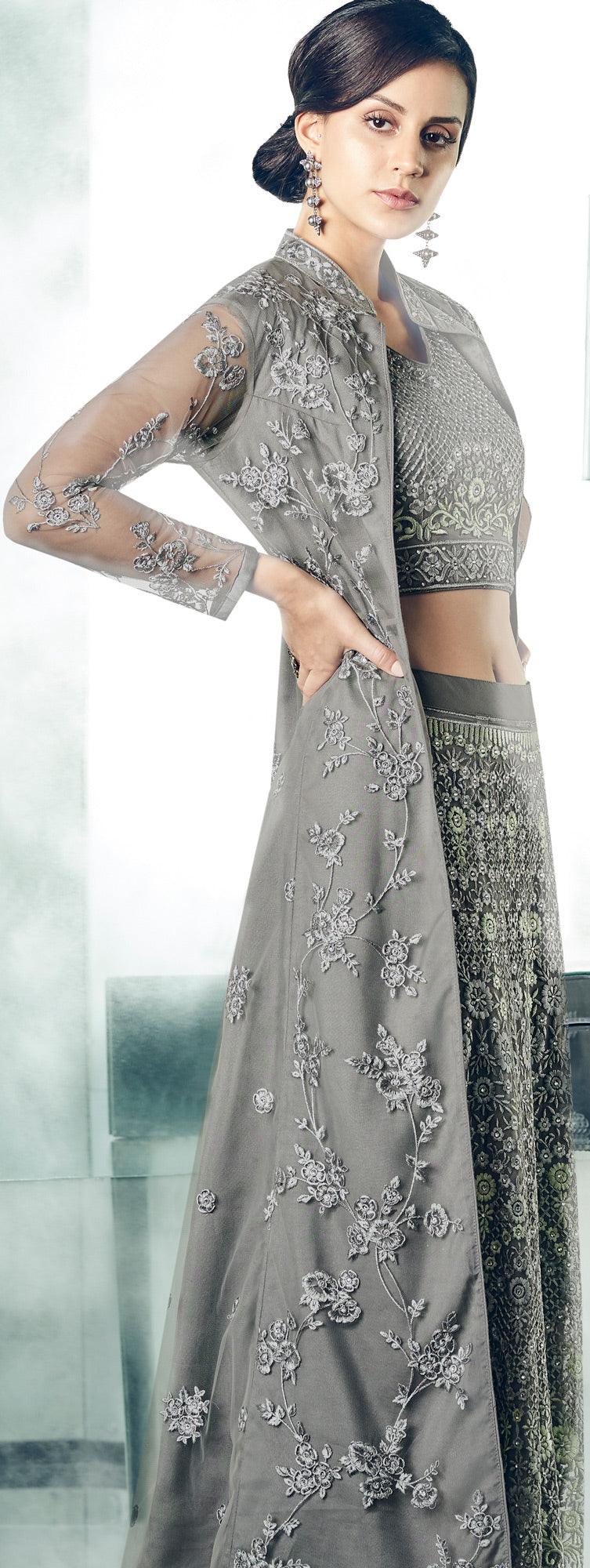 Majestic Gray Colored Partywear Designer Embroidered Net Anarkali Suit