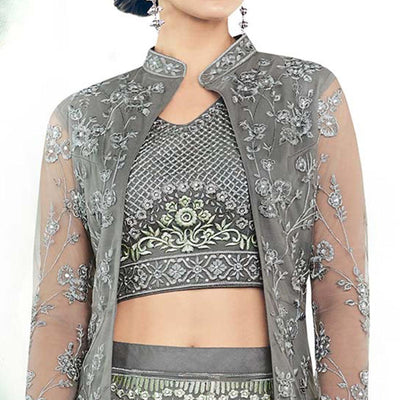 Majestic Gray Colored Partywear Designer Embroidered Net Anarkali Suit