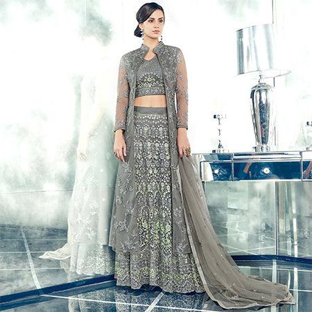 Majestic Gray Colored Partywear Designer Embroidered Net Anarkali Suit