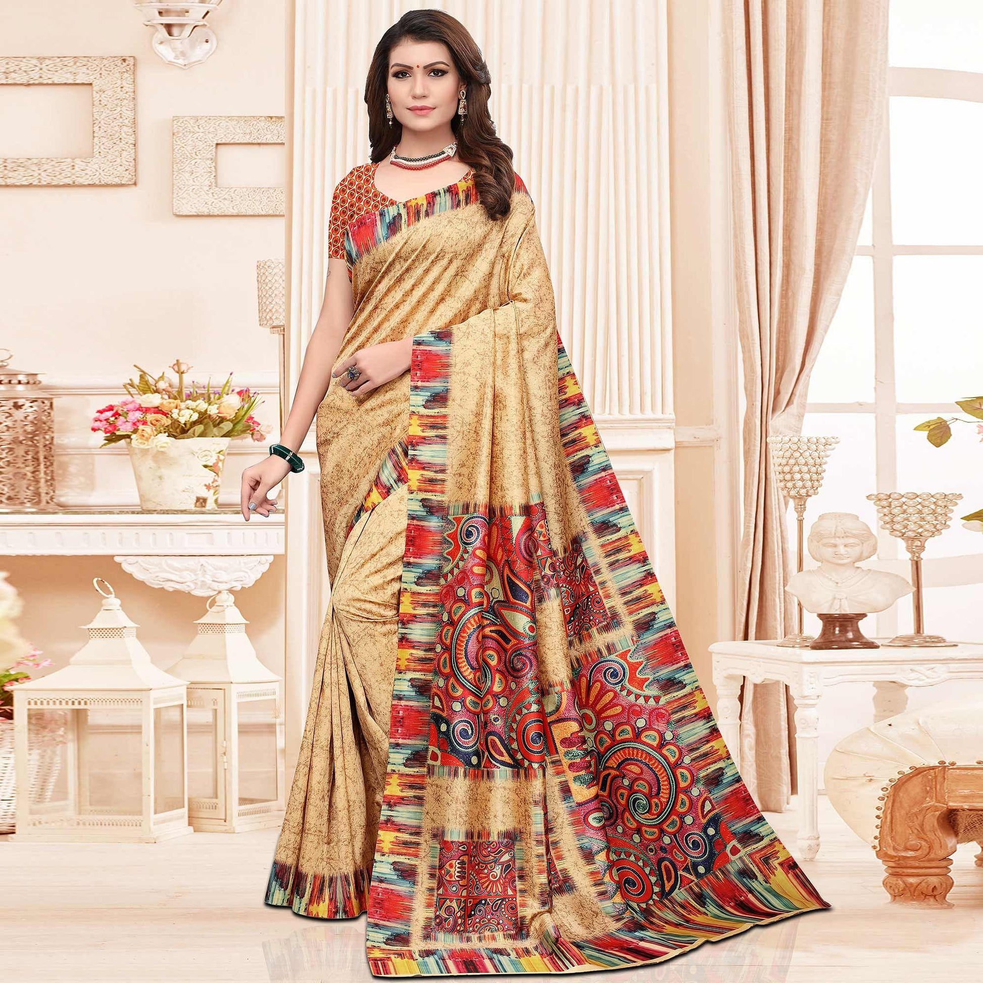 Majesty Beige Colored Casual Printed Silk Saree