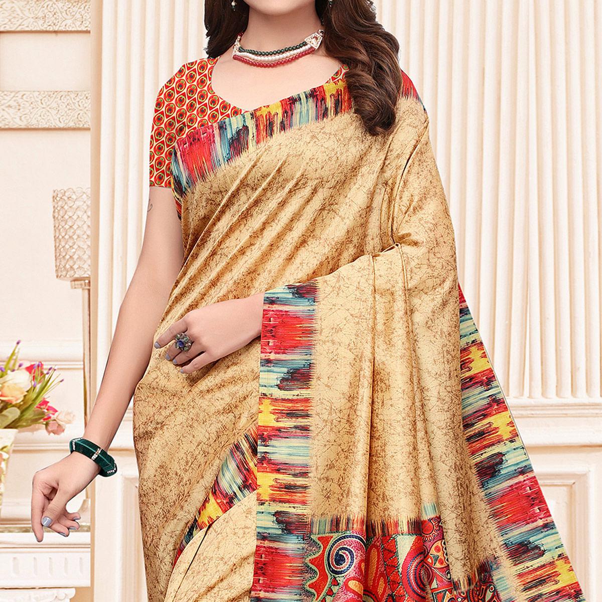 Majesty Beige Colored Casual Printed Silk Saree