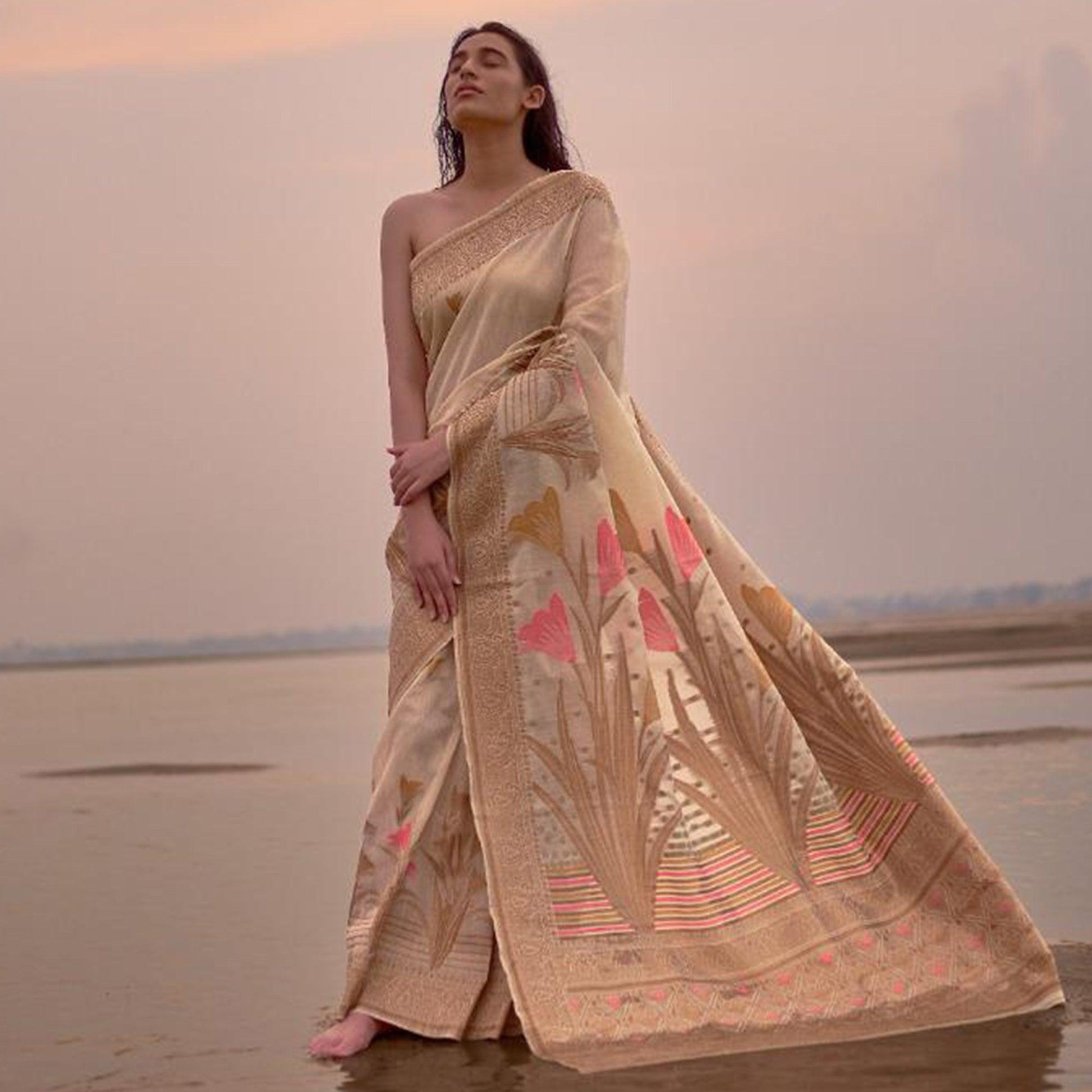 Majesty Beige Colored Festive Wear Woven Pure Linen Silk Saree
