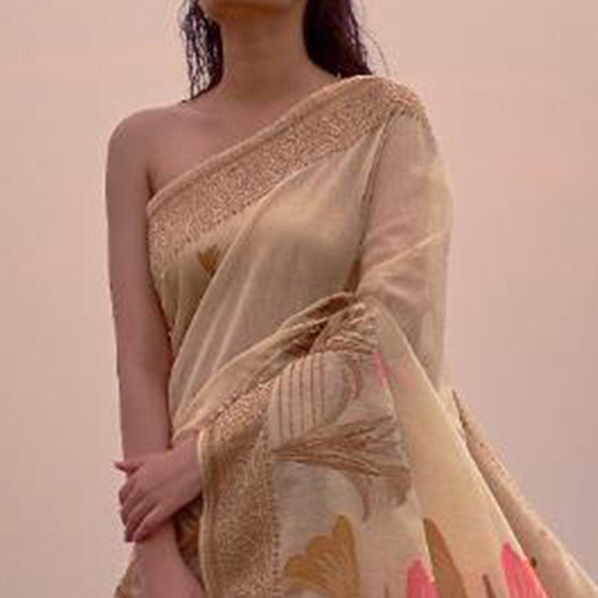 Majesty Beige Colored Festive Wear Woven Pure Linen Silk Saree