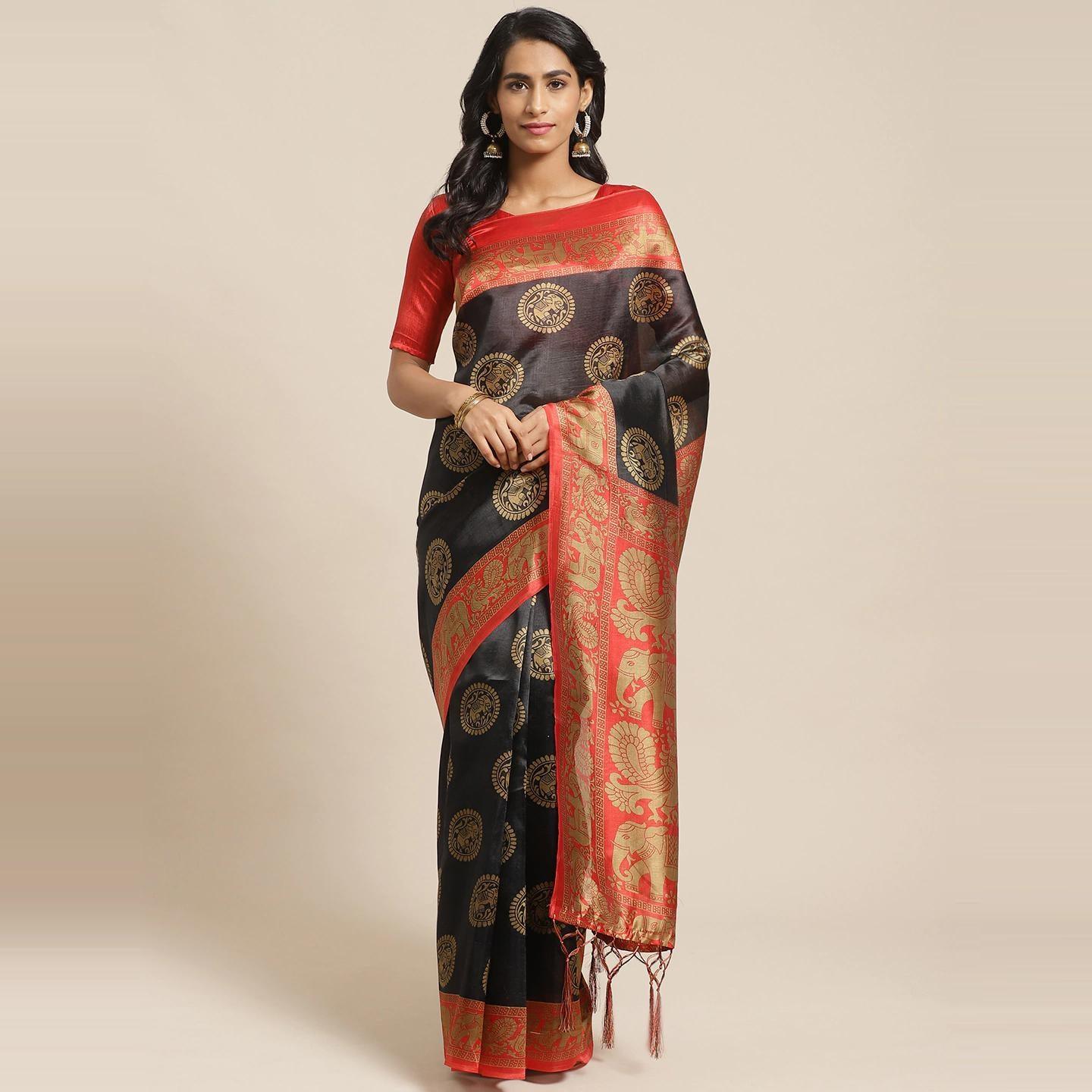 Majesty Black Colored Casual Wear Printed Art Silk Saree