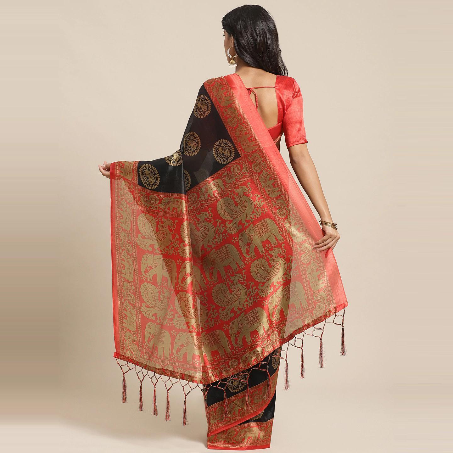 Majesty Black Colored Casual Wear Printed Art Silk Saree