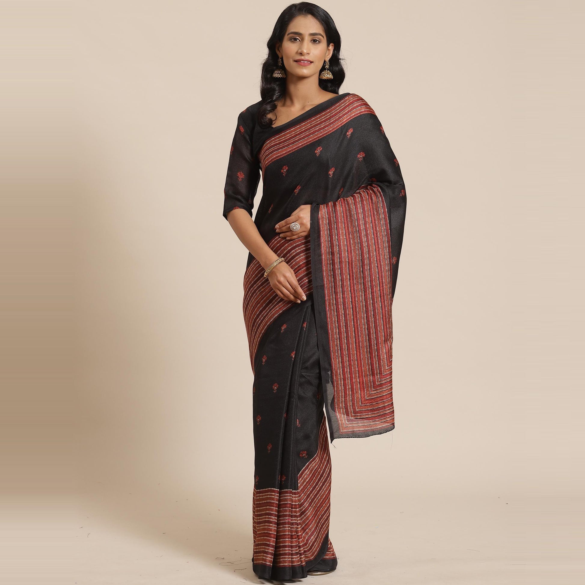 Majesty Black Colored Casual Wear Printed Jute Silk Saree
