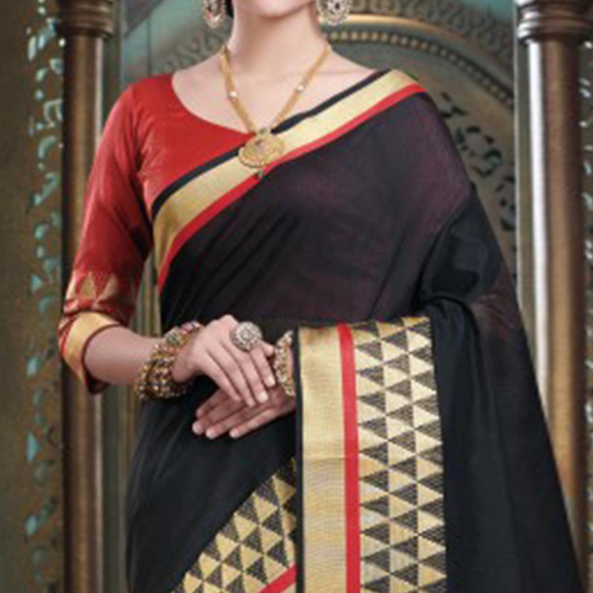Majesty Black Colored Festive Wear Woven Cotton Handloom Saree