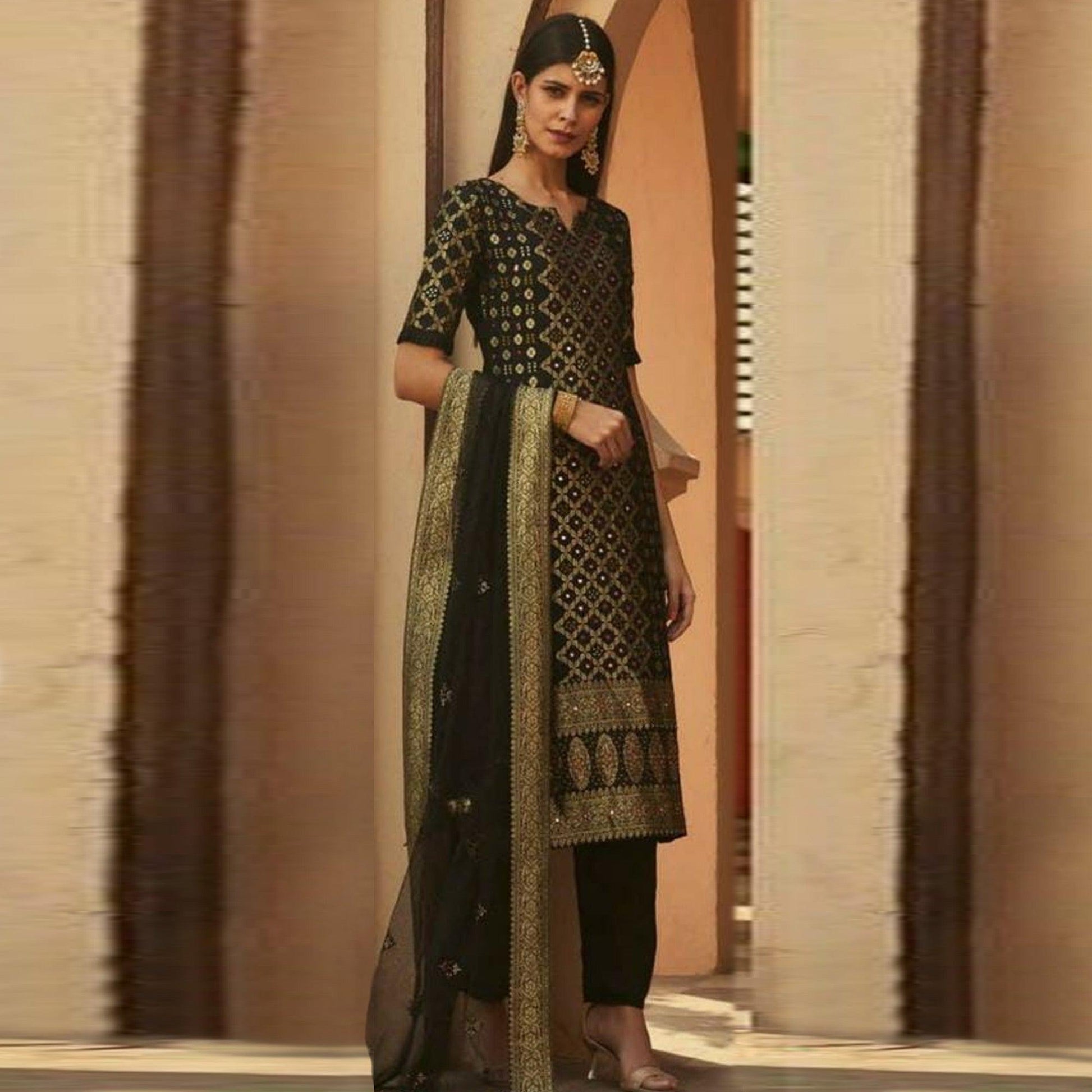 Majesty Black Colored Partywear Woven Cotton Silk Stitched Suit