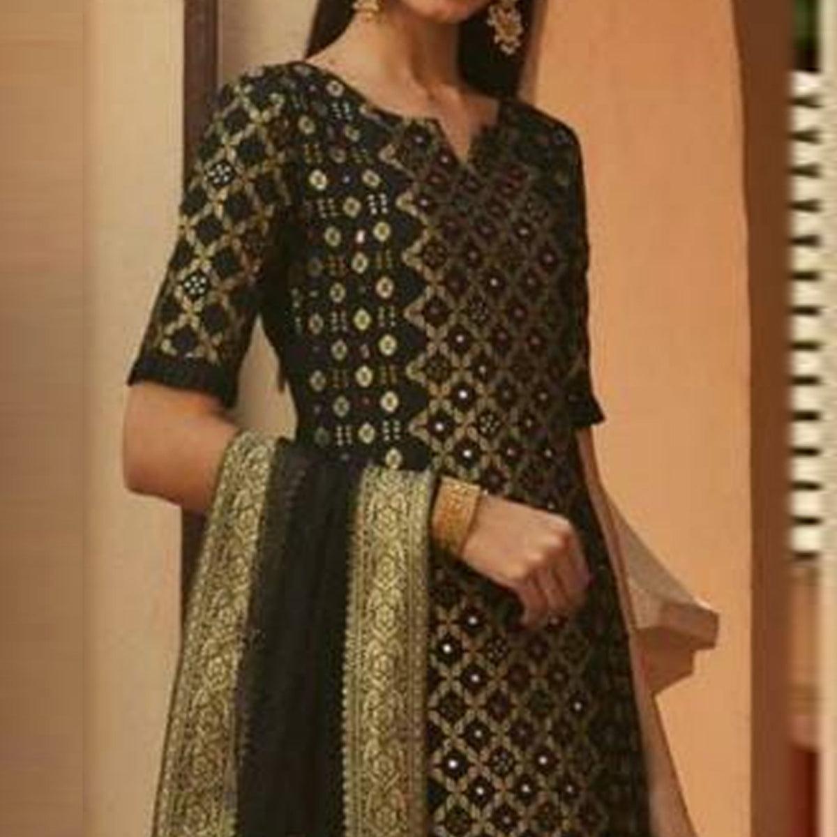 Majesty Black Colored Partywear Woven Cotton Silk Stitched Suit